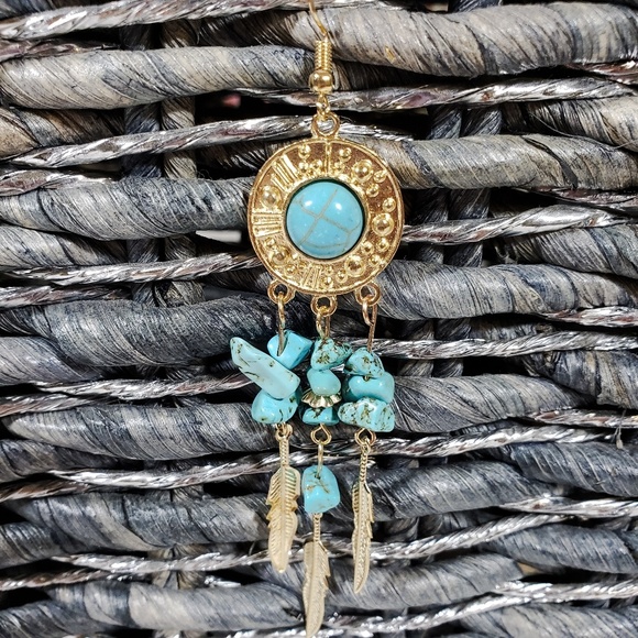 Bohemian Dangle Feather Natural Stone Earri - Picture 4 of 7